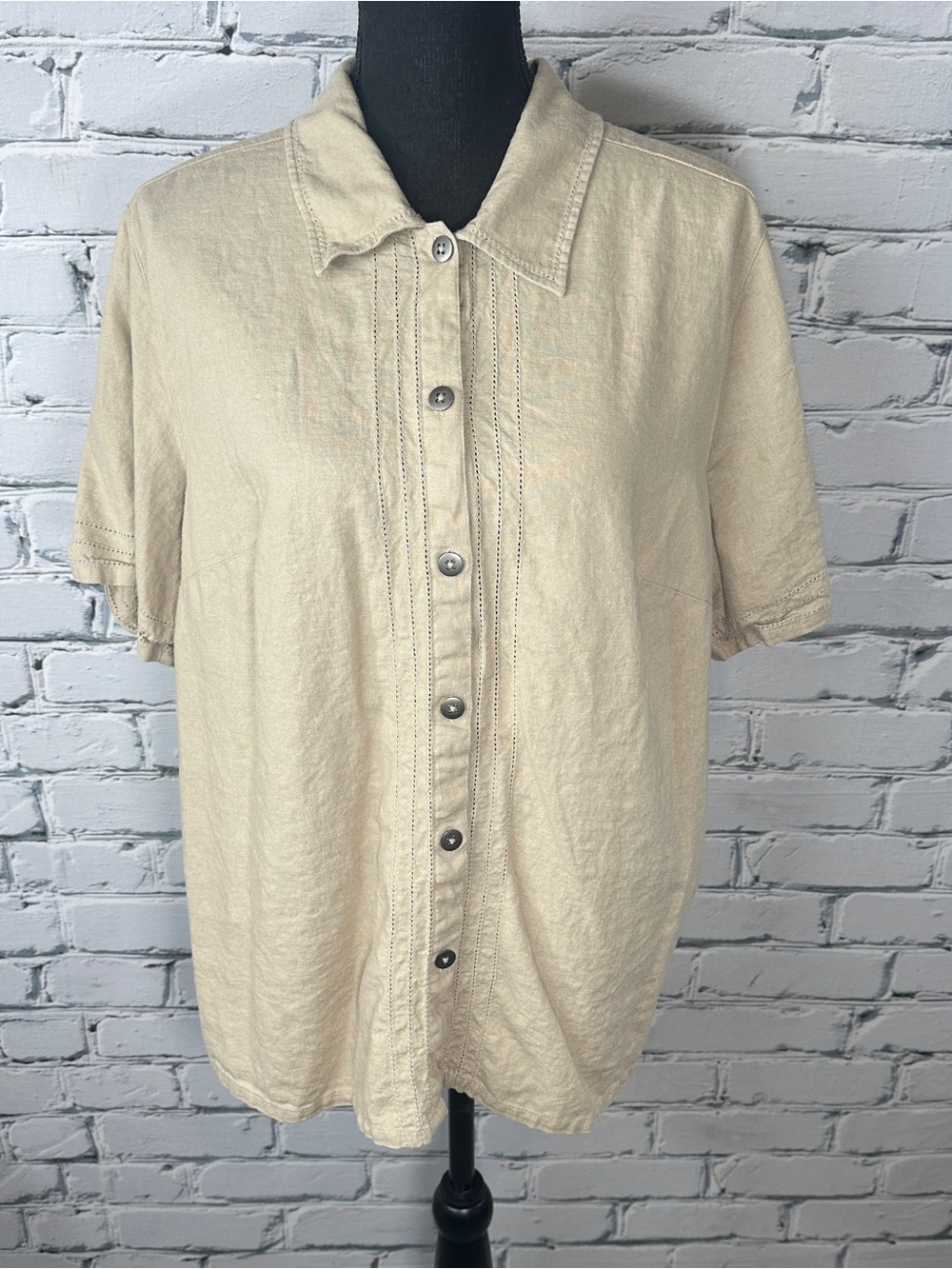 Vintage White Stag Linen Blend Button Up Shirt Top Size 16W Beige Resort Coastal